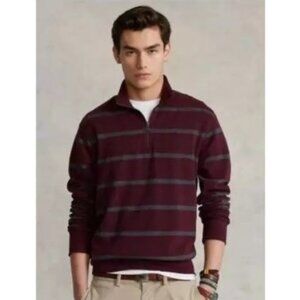 NWT Polo Ralph Lauren Men's Luxury Jersey Striped 1/4-Zip Pullover Burgundy XXL